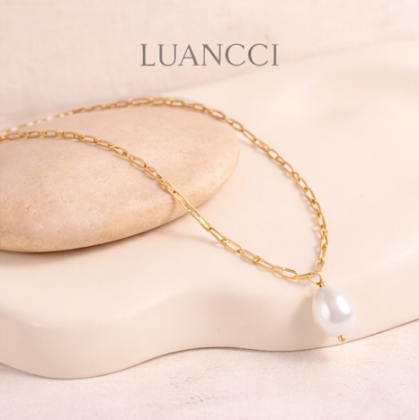Cadena de Acero Inoxidable Chapada en Oro de 18K con Perla de Gota de Agua - LUANCCI