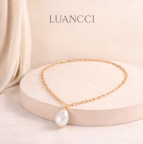 Cadena de Acero Inoxidable Chapada en Oro de 18K con Perla de Gota de Agua - LUANCCI