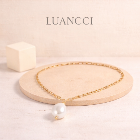 Cadena de Acero Inoxidable Chapada en Oro de 18K con Perla de Gota de Agua - LUANCCI