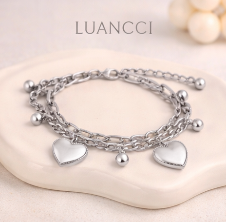 Pulsera Chapada en Plata o Baño en Oro con Dos Corazones - LUANCCI