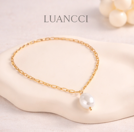 Cadena de Acero Inoxidable Chapada en Oro de 18K con Perla de Gota de Agua - LUANCCI