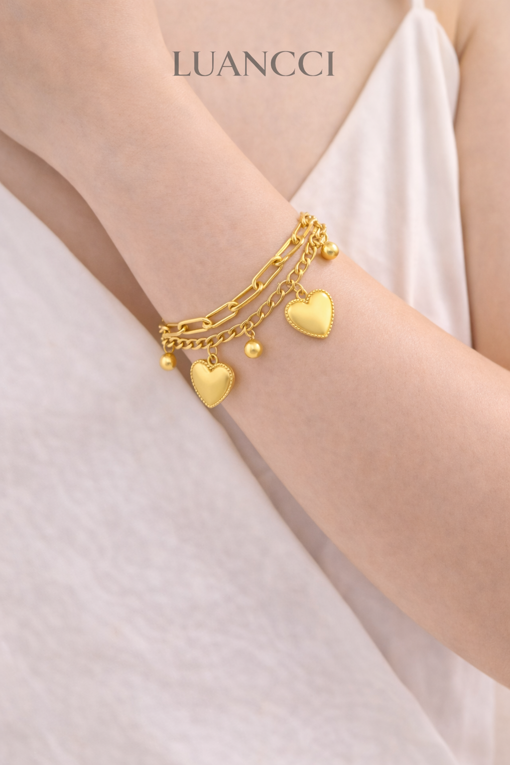 Pulsera Chapada en Plata o Baño en Oro con Dos Corazones - LUANCCI