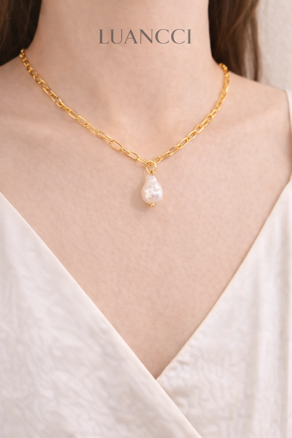 Cadena de Acero Inoxidable Chapada en Oro de 18K con Perla de Gota de Agua - LUANCCI